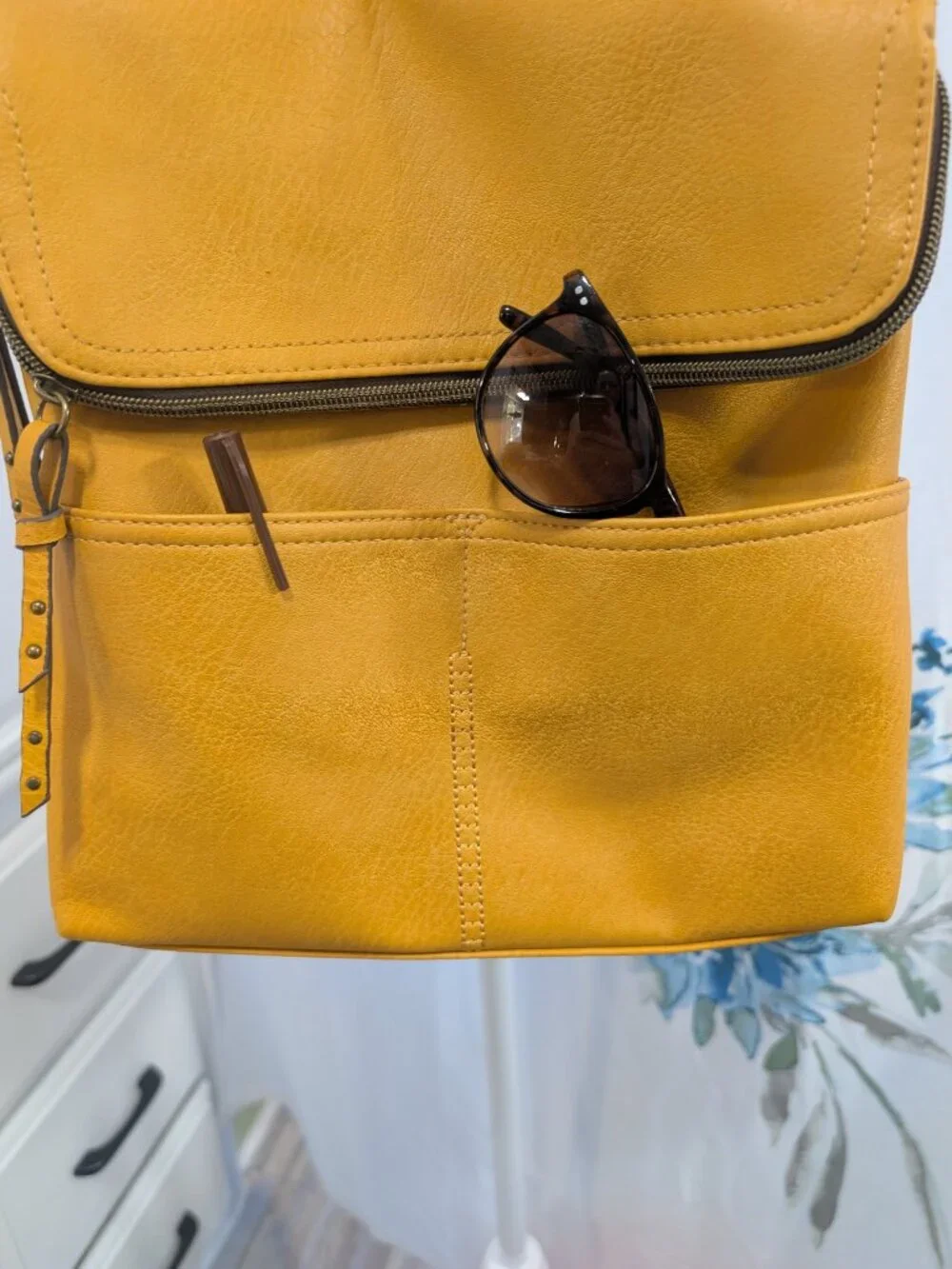 Mustard Yellow Small Backpack Purse Slip and Zippered Pockets